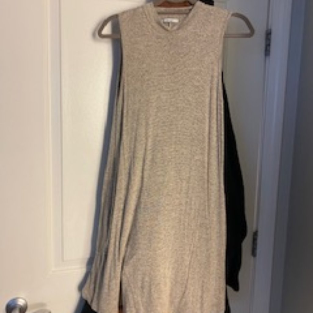 Turtle Neck T Shirt Dress - Tan/White/Small Black Mix